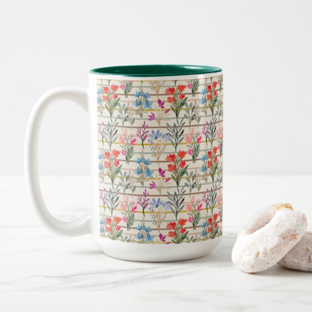 Tasse 2 Couleurs Motif de fleurs d'aquarelle moderne (Avec donut)