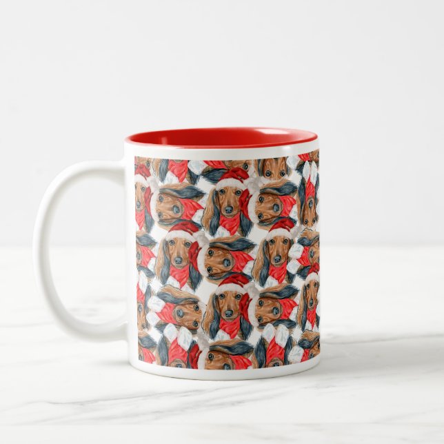 Tasse 2 Couleurs Motif de Noël de teckel à longs poils drôle (Gauche)