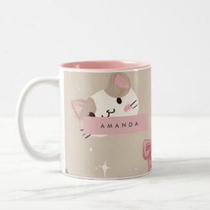 Tasse 2 Couleurs Motif de visage de chat Kawaii personnalisé