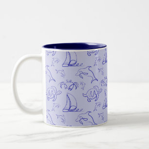 Tasse 2 Couleurs Motif d'une ligne d'animal marin et voilier