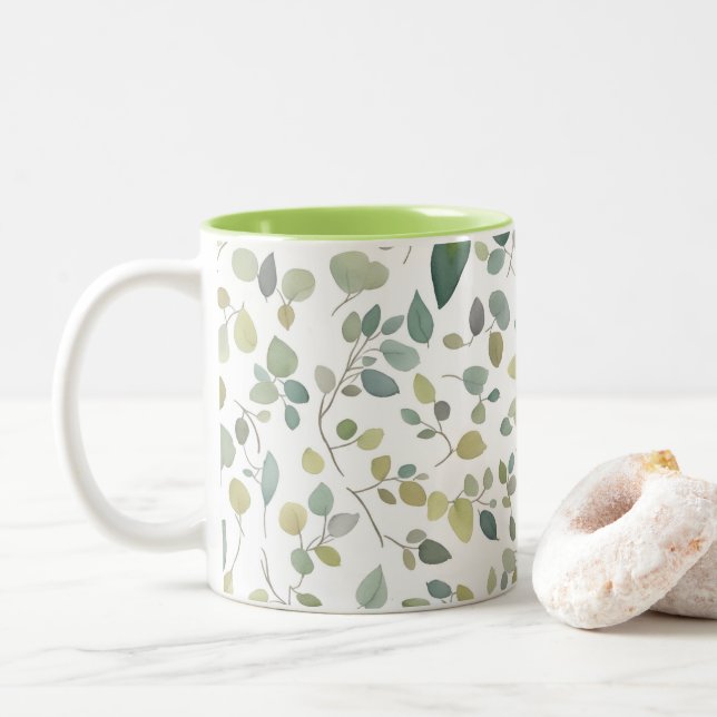 Tasse 2 Couleurs Motif Feuille vert aquarelle (Avec donut)