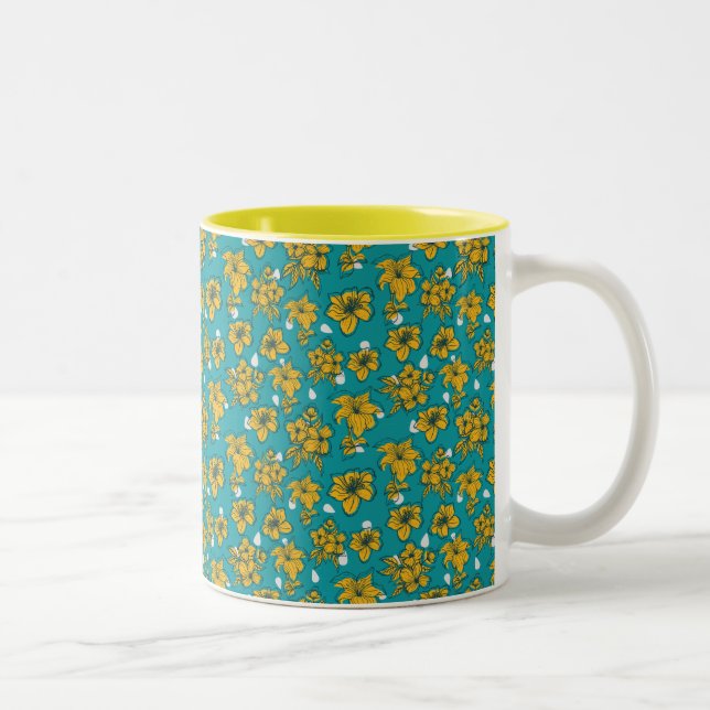 Tasse 2 Couleurs Motif Fleurs Turquoises jaunes (Droit)