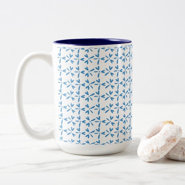 Tasse 2 Couleurs Motif floral bleu moderne (Avec donut)