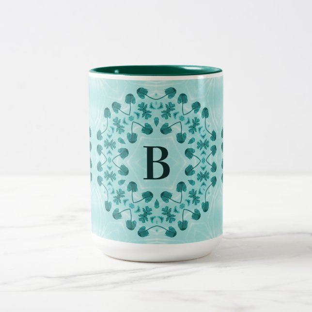 Tasse 2 Couleurs Motif floral, bleu Turquoise initial (Centre)
