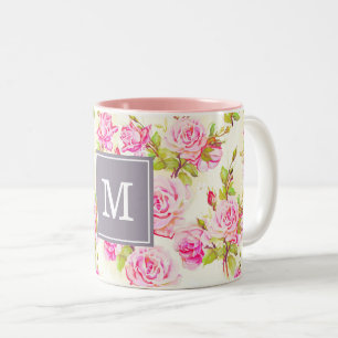 Tasse 2 Couleurs Motif floral personnalisé Vieux Rose Monogramme Mu