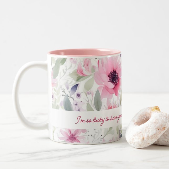 Tasse 2 Couleurs Motif FLowers couleur rose | Cadeau pour maman | (Avec donut)