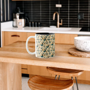 Tasse 2 Couleurs Motif Nautique Vintage en Bleu, Marron, Crème