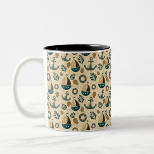 Tasse 2 Couleurs Motif Nautique Vintage en Bleu, Marron, Crème