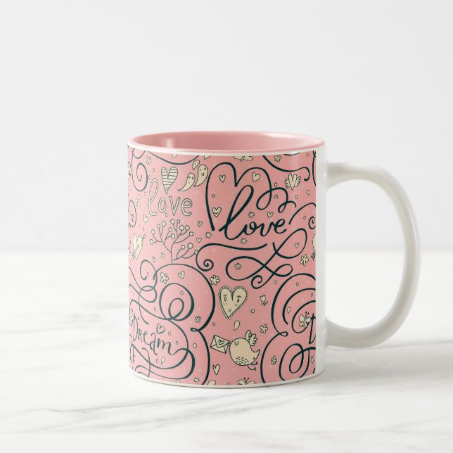 Tasse 2 Couleurs Motif romantique avec des coeurs et des oiseaux (Droit)