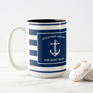 Tasse 2 Couleurs Nautical Navy Blue Welcome Aboard Nom du bateau An