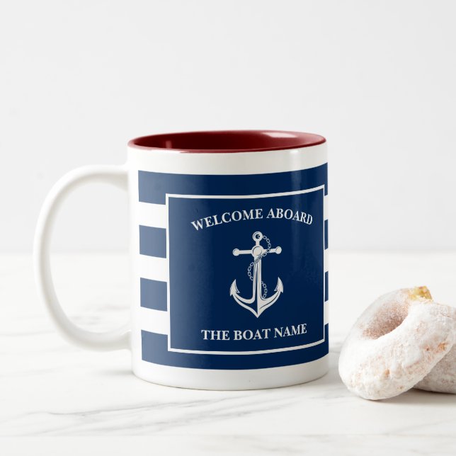 Tasse 2 Couleurs Nautical Navy Blue Welcome Aboard Nom du bateau An (Avec donut)