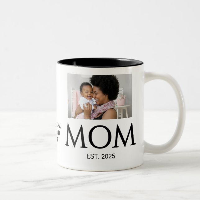 Tasse 2 Couleurs New Mom Gift Custom Text Photo Mom Established  (Droit)
