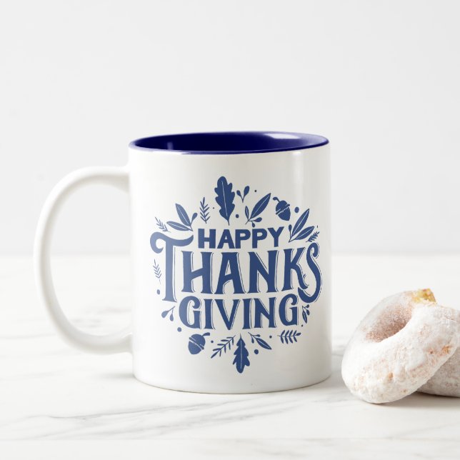 Tasse 2 Couleurs Nice Bon thanksgiving texte avec Automne Feuille (Avec donut)