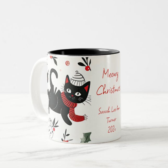 Tasse 2 Couleurs Noël de chat noir rétro (Devant gauche)