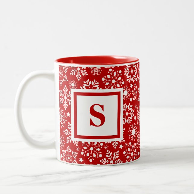 Tasse 2 Couleurs Noël des flocons rouges monogrammes (Gauche)