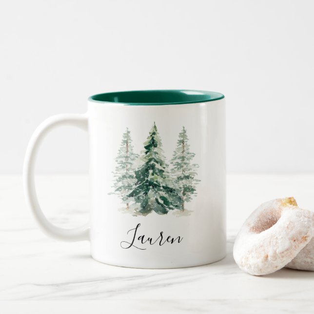 Tasse 2 Couleurs Noël des pins neigeux d'hiver (Avec donut)