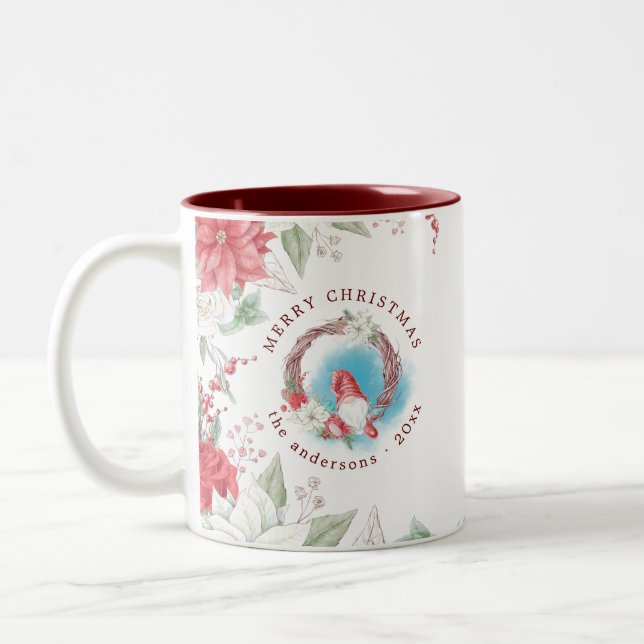 Tasse 2 Couleurs Noël gnome vacances élégant monogramme floral (Gauche)