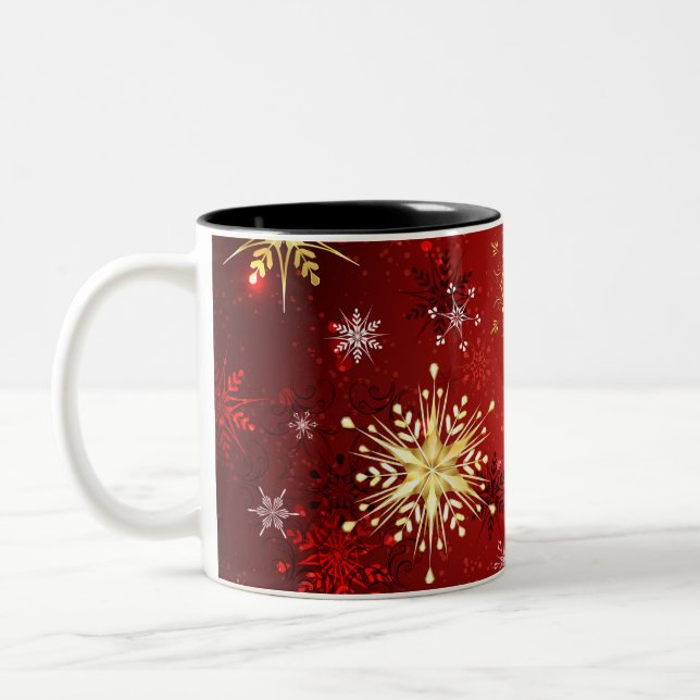 Tasse 2 Couleurs Noël Golden Snowflakes sur Arrière - plan rouge (Gauche)