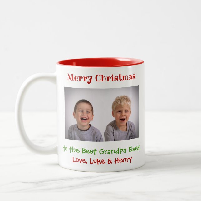 Tasse 2 Couleurs Noël Grand-père Petits-enfants Photo personnalisée (Gauche)