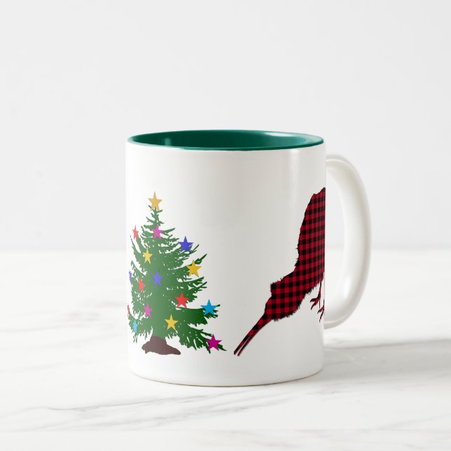 Tasse 2 Couleurs Noël Kiwi Oiseau Rouge, Plaid Buffalo Noir, Arbre (Devant droit)