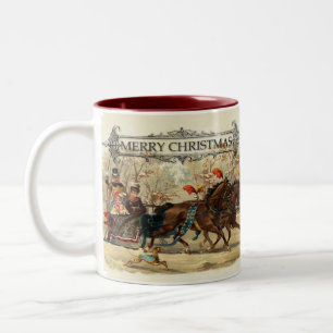 Tasse 2 Couleurs Noël vintage chevaux hiver vacances plaisir