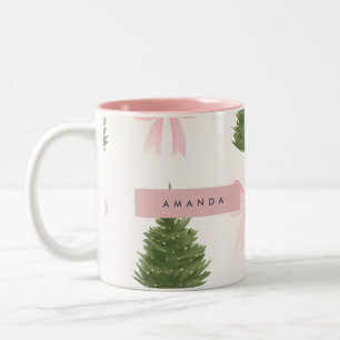Tasse 2 Couleurs Nœud rose personnalisé et sapin de Noël