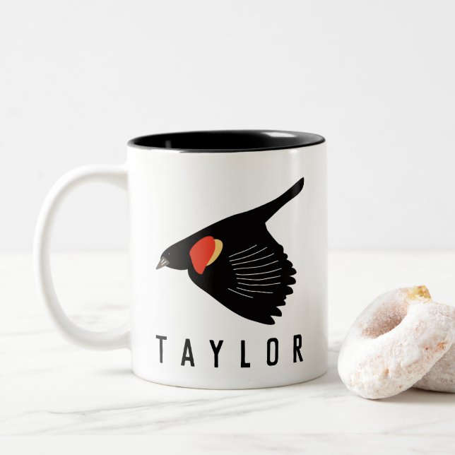 Tasse 2 Couleurs Noir à ailes rouges personnalisé en vol (Avec donut)