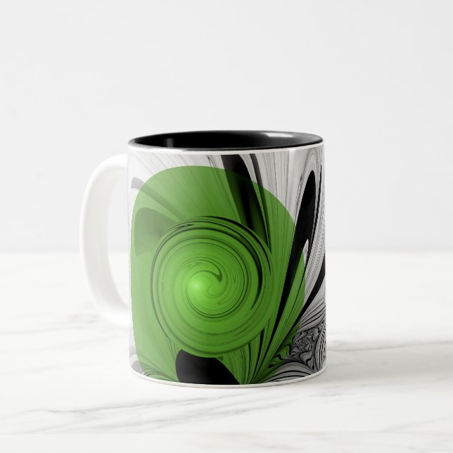 Tasse 2 Couleurs Noir Abstrait et blanc avec art fractal vert (Devant gauche)