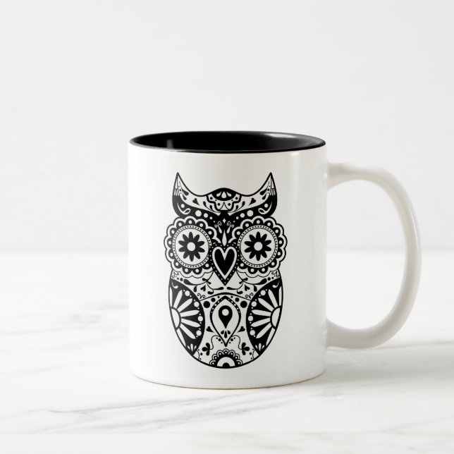 Tasse 2 Couleurs Noir et blanc de hibou de crâne de sucre (Droit)