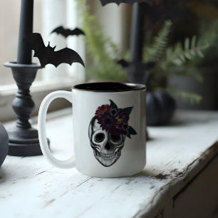 Tasse 2 Couleurs Noir et or Moody Floral Halloween Monogramme crâne