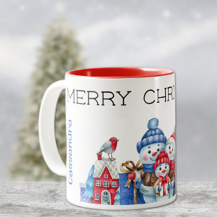 Tasse 2 Couleurs Nom, Cute Snowman Famille Joyeux Noël 11oz