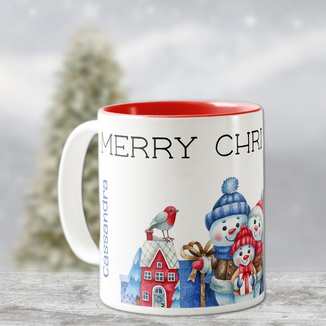 Tasse 2 Couleurs Nom, Cute Snowman Famille Joyeux Noël 11oz (Créateur téléchargé)