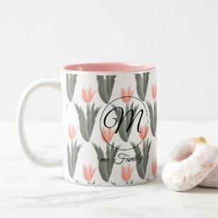 Tasse 2 Couleurs Nom de famille élégant Monogramme Peach Tulips Pei