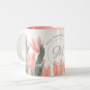 Tasse 2 Couleurs Nom De Famille Élégant Monogramme Peach Tulips Pei
