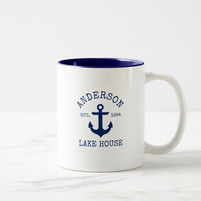 Tasse 2 Couleurs Nom de famille nautique Lake House Ancre bleue B (Droit)