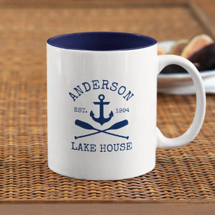 Tasse 2 Couleurs Nom de famille nautique Lake House Blue Ancre Oars