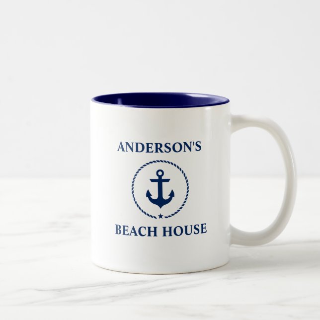 Tasse 2 Couleurs Nom de famille nautique Maison de plage Ancre bleu (Droit)