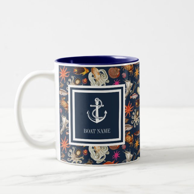 Tasse 2 Couleurs Nom du bateau Marine Vie marine bleue Ancre nautiq (Gauche)