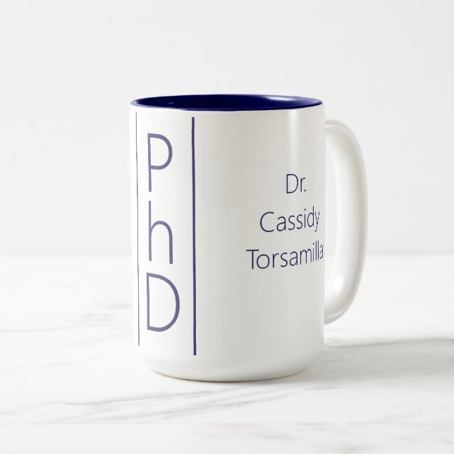 Tasse 2 Couleurs Nom du diplômé Blanc Bleu PhD (Devant droit)