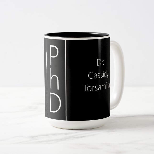 Tasse 2 Couleurs Nom du diplômé Noir Blanc PhD (Devant droit)