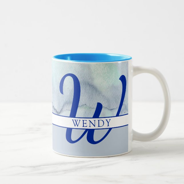 Tasse 2 Couleurs Nom du monogramme Aquarelle bleue (Droit)