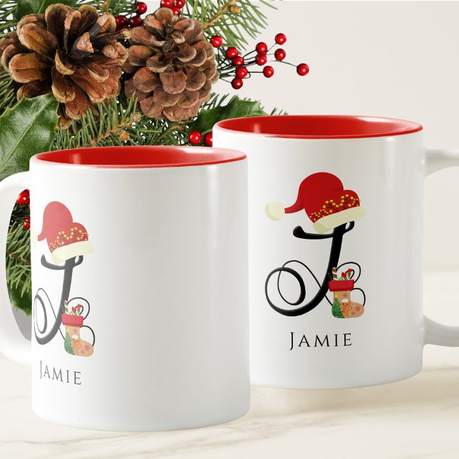Tasse 2 Couleurs Nom élégant écriture moderne lettre J Noël (Créateur téléchargé)