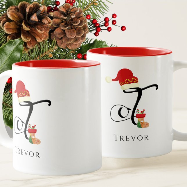 Tasse 2 Couleurs Nom Élégant Initiale Lettre T Moderne Noël (Créateur téléchargé)