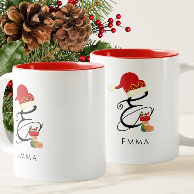 Tasse 2 Couleurs Nom élégant monogramme lettre E de Noël (Créateur téléchargé)