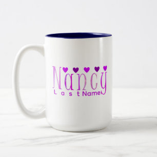 Tasse 2 Couleurs Nom et Coeurs personnalisés "Nancy" mignons en ros