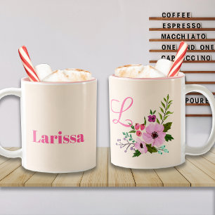 Tasse 2 Couleurs Nom floral rose personnalisé et monogramme
