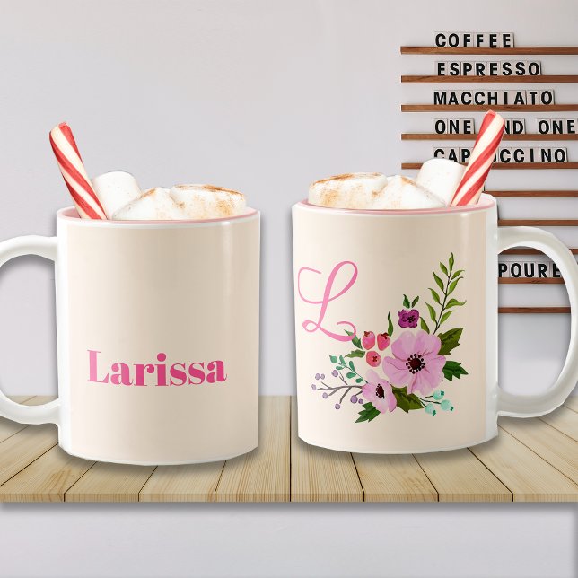 Tasse 2 Couleurs Nom floral rose personnalisé et monogramme (Créateur téléchargé)