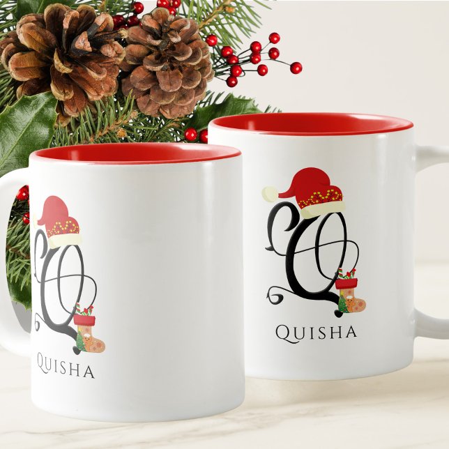 Tasse 2 Couleurs Nom Lettre Q Monogramme Écriture Moderne Noël (Créateur téléchargé)