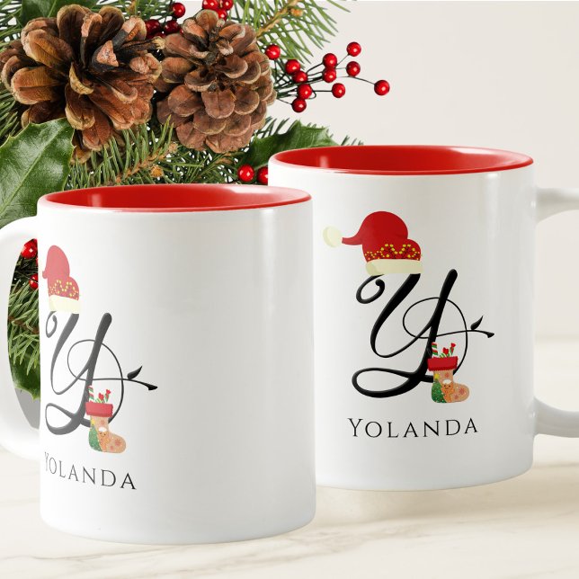 Tasse 2 Couleurs Nom Moderne Initiale Y Écriture Élégante de Noël (Créateur téléchargé)