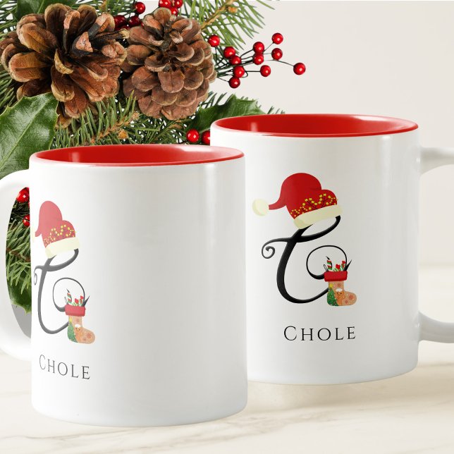 Tasse 2 Couleurs Nom Monogramme Écriture Moderne Lettre C Noël (Créateur téléchargé)